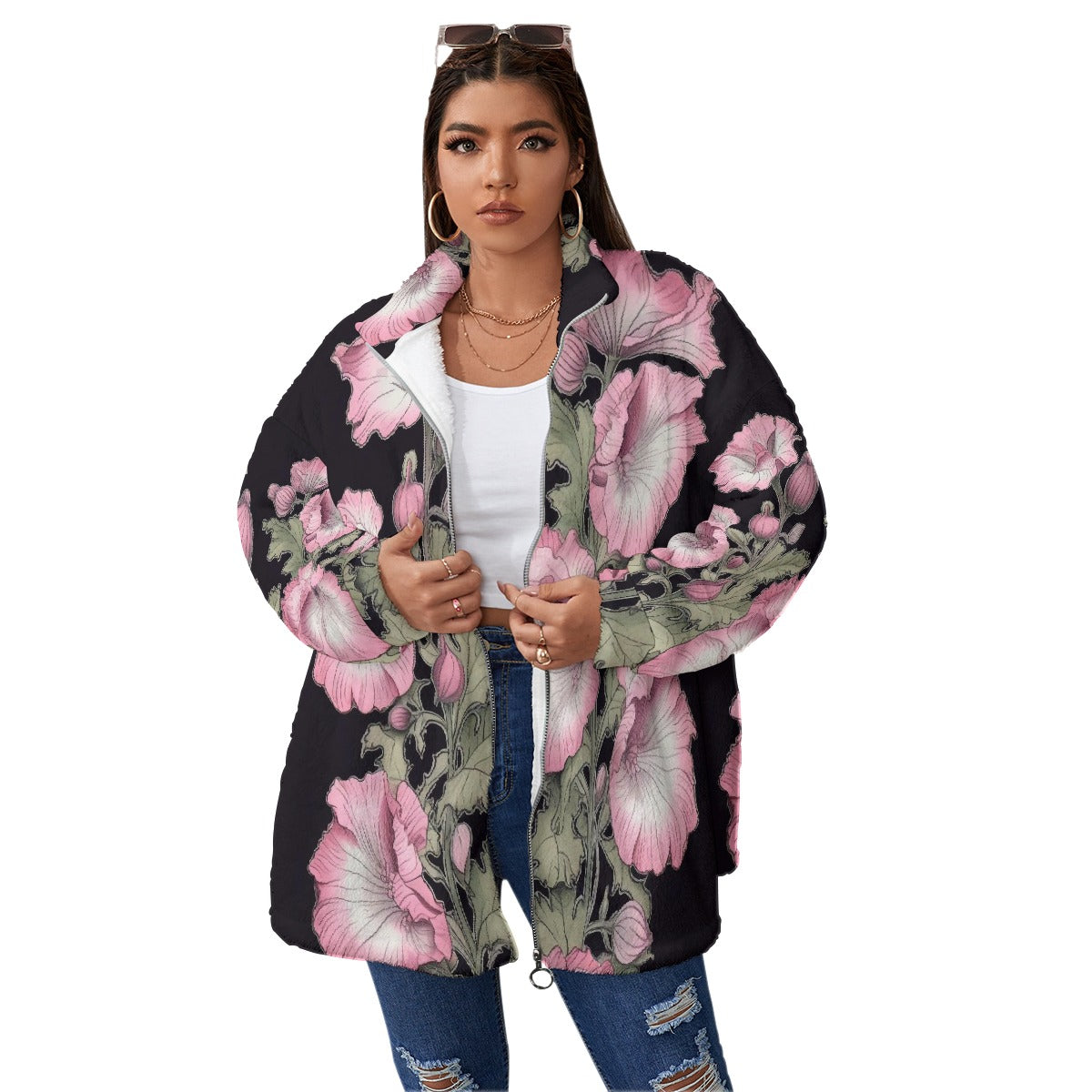 All-Over Print Unisex Borg Fleece Stand-up Collar Coat With Zipper Closure(Plus Size)