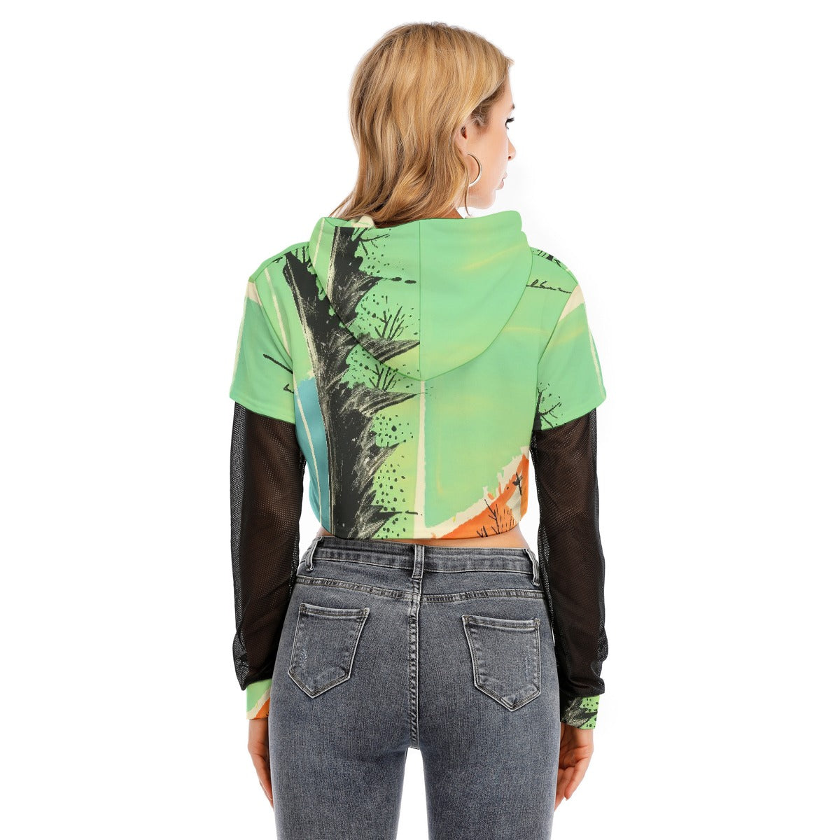 All-Over Print Women's Fake Two-piece Mesh Sleeve Cropped Hoodie
