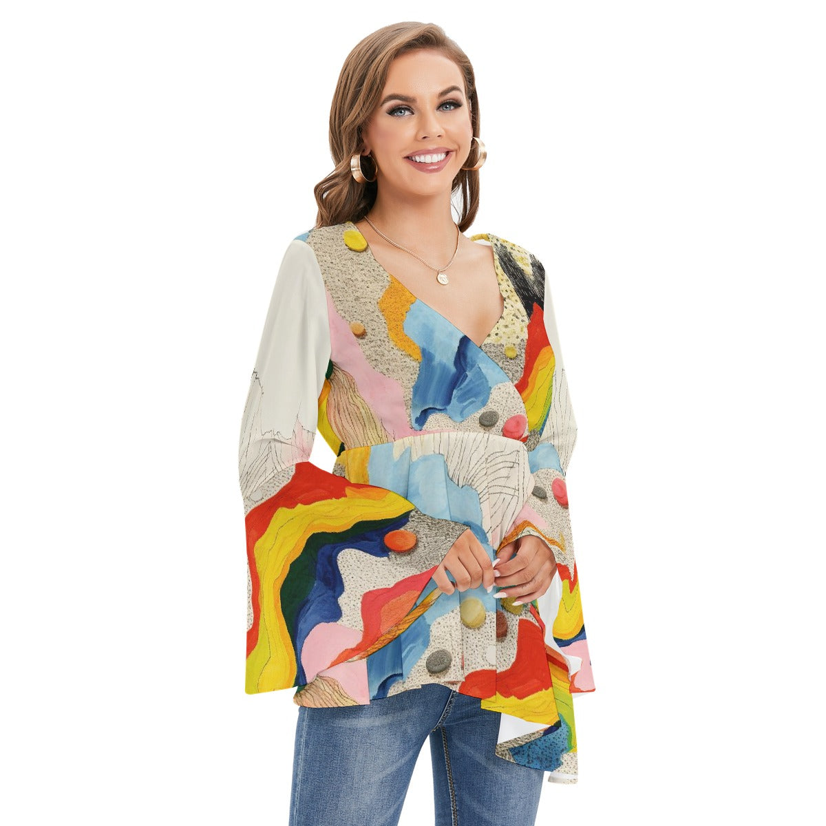 All-Over Print Women's V-neck Blouse With Flared Sleeves
