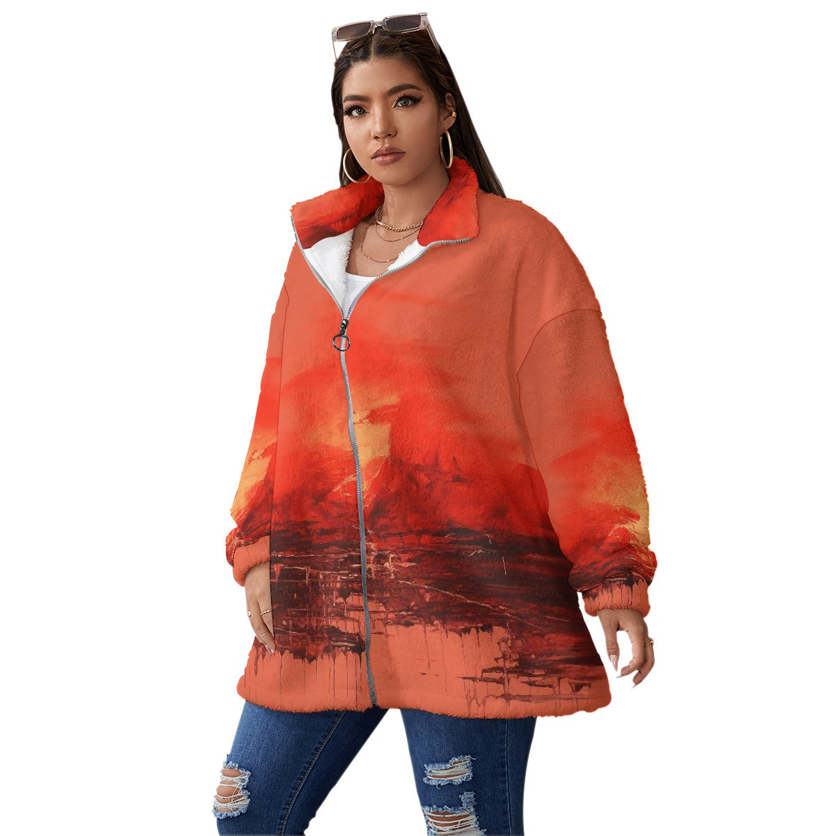 All-Over Print Unisex Borg Fleece Stand-up Collar Coat With Zipper Closure(Plus Size)