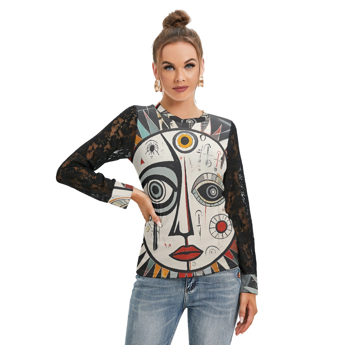 All-Over Print Women's T-shirt And Sleeve With Black Lace