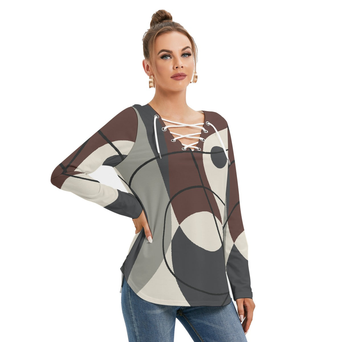 All-Over Print Women's Long Sleeve Neckline Tie Sweatshirt