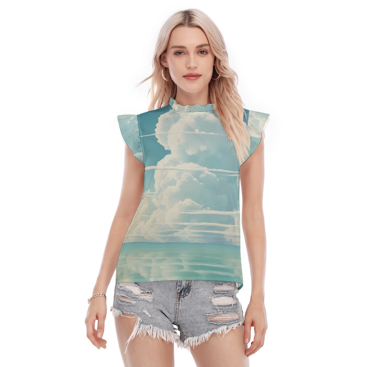 All-Over Print Women's Blouse With Ruffle Collar And Sleeve