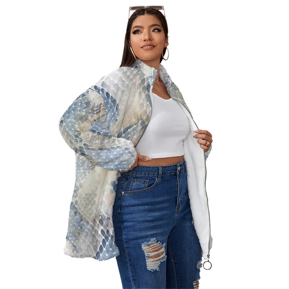 All-Over Print Unisex Borg Fleece Stand-up Collar Coat With Zipper Closure(Plus Size)