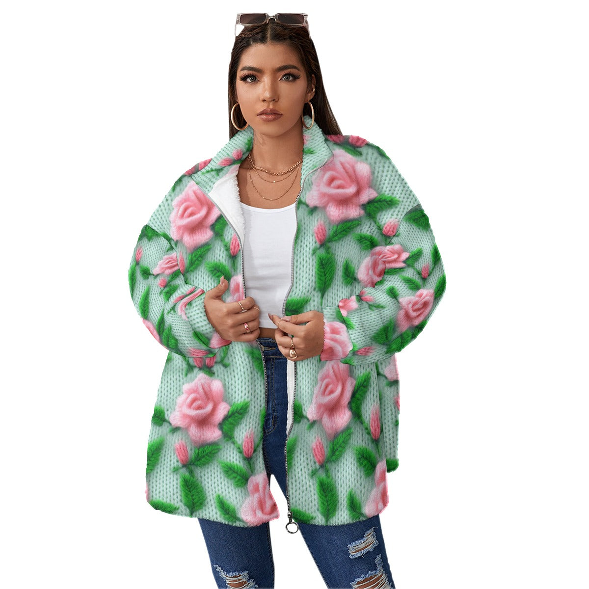 All-Over Print Unisex Borg Fleece Stand-up Collar Coat With Zipper Closure(Plus Size)
