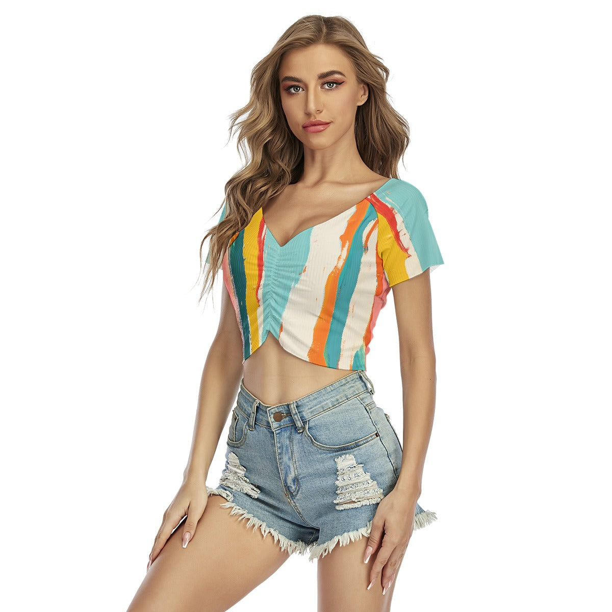 All-Over Print Women's Raglan Drawstring Front  Crop Tee