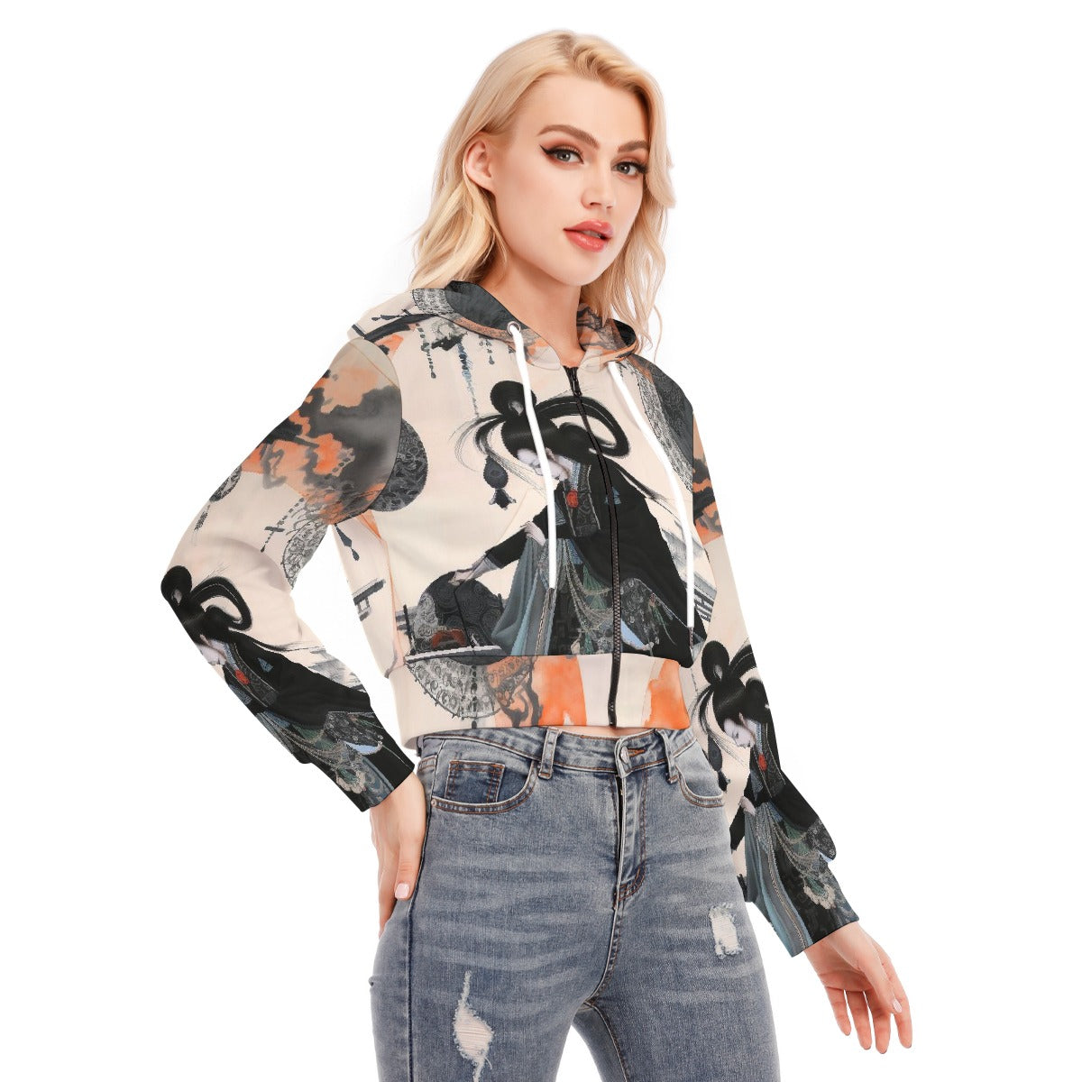 All-Over Print Women's Crop Top Hoodie With Zipper Closure