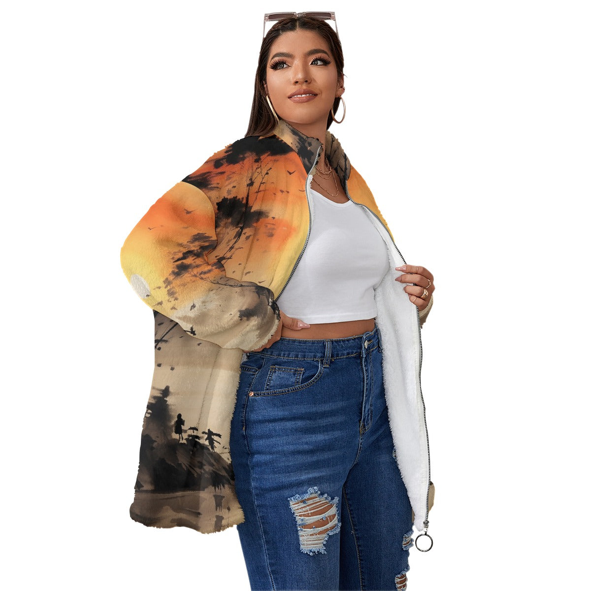 All-Over Print Unisex Borg Fleece Stand-up Collar Coat With Zipper Closure(Plus Size)