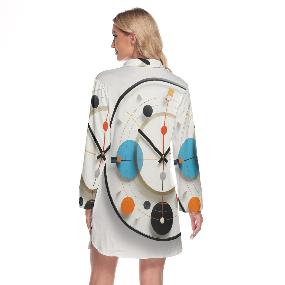 All-Over Print Women's Lapel Shirt Dress With Long Sleeve