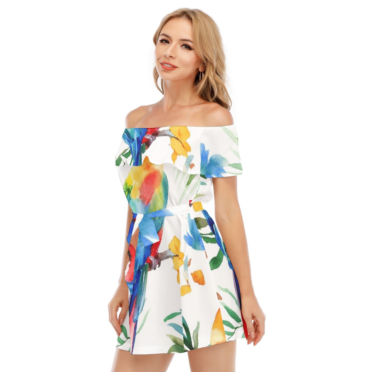 All-Over Print Women's Off-shoulder Dress With Ruffle