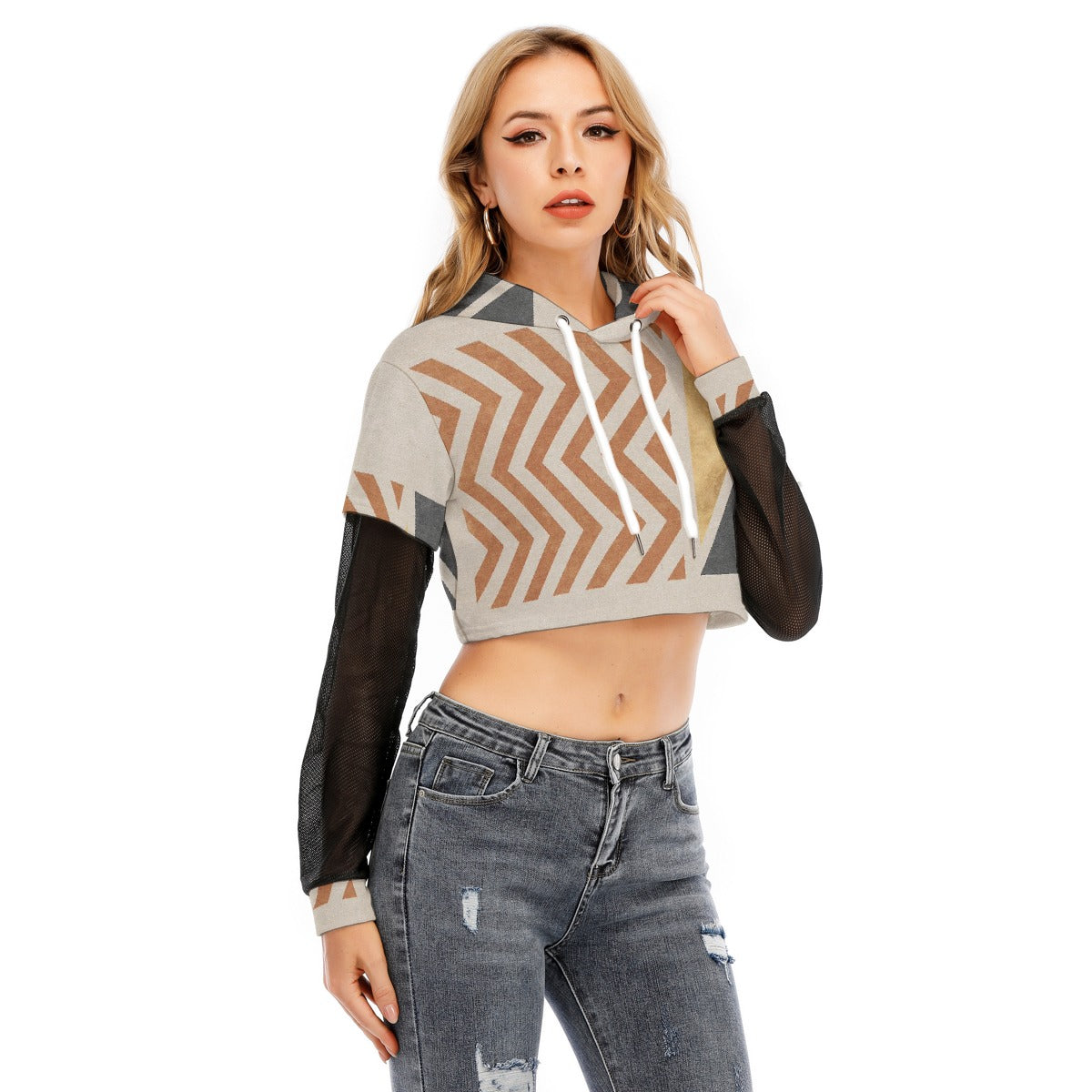 All-Over Print Women's Fake Two-piece Mesh Sleeve Cropped Hoodie