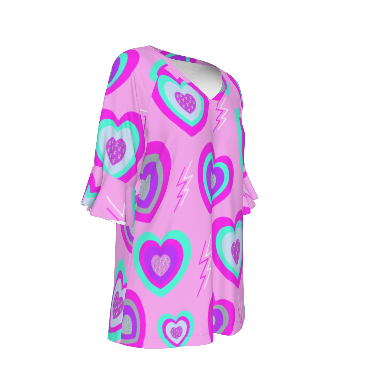 All-Over Print V-neck Women's T-shirt With Bell Sleeve