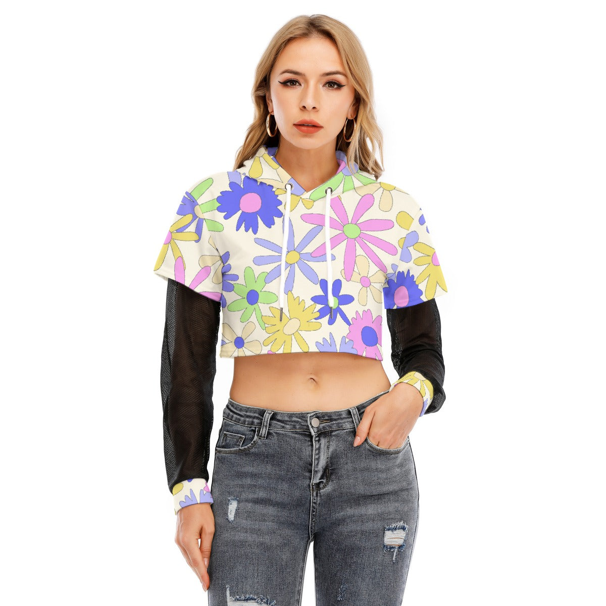 All-Over Print Women's Fake Two-piece Mesh Sleeve Cropped Hoodie