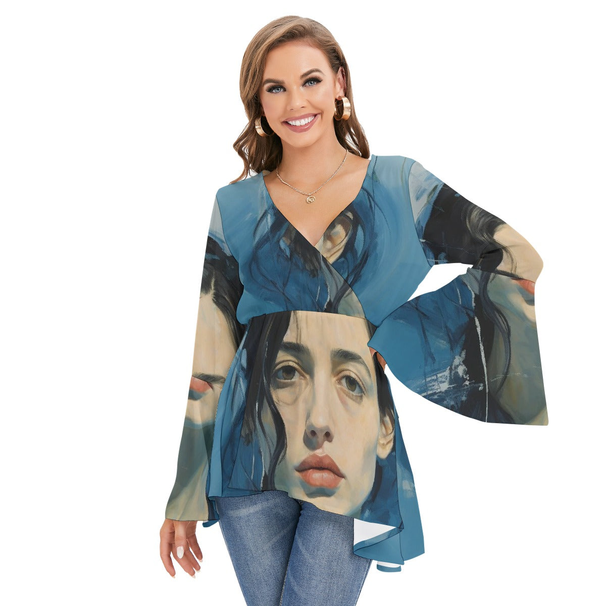 All-Over Print Women's V-neck Blouse With Flared Sleeves