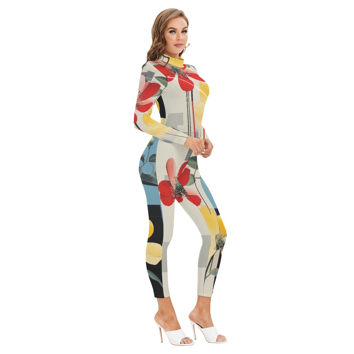 All-Over Print Women's Long-sleeved High-neck Jumpsuit With Zipper