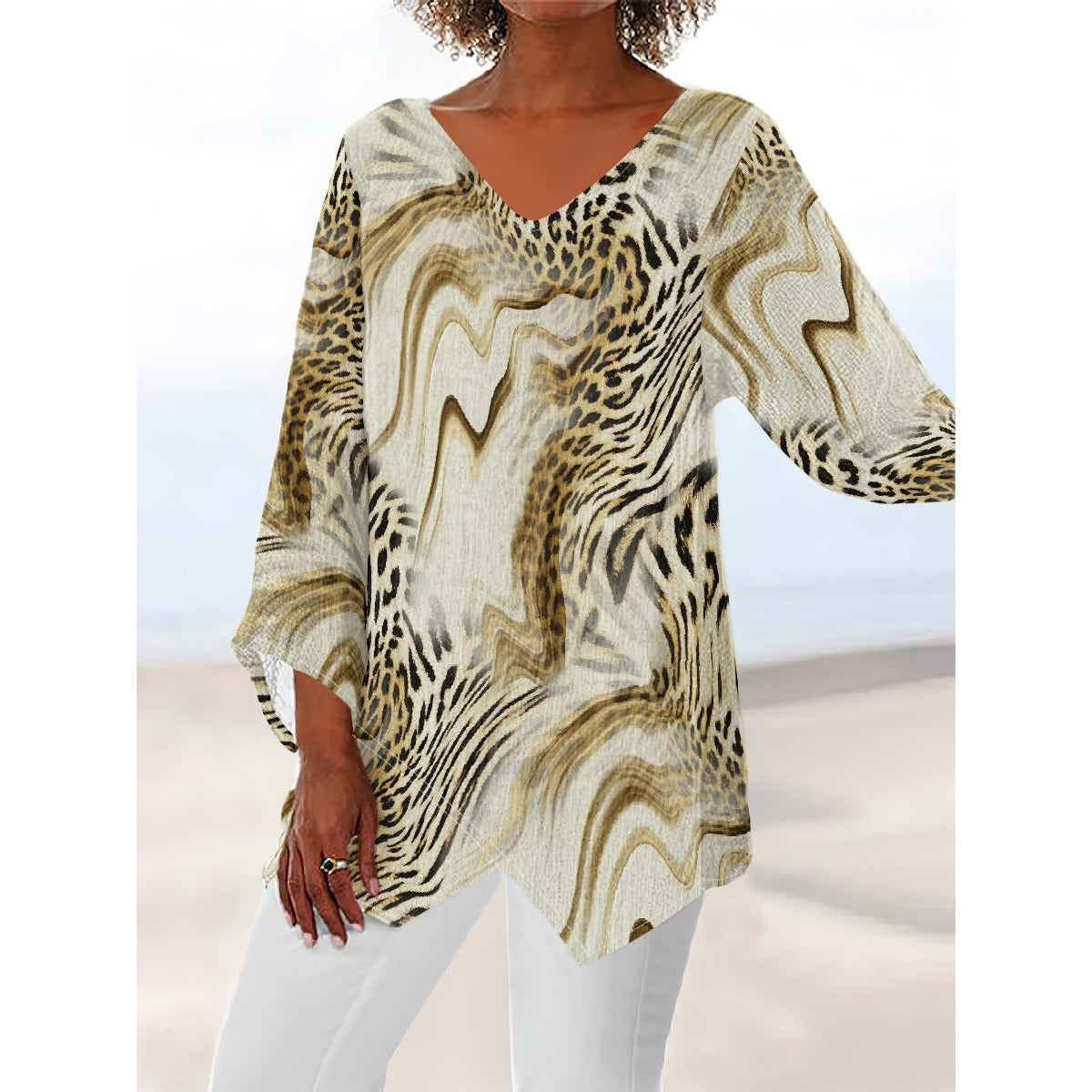 All-Over Print Women's V-neck T-shirt With Irregular Hem