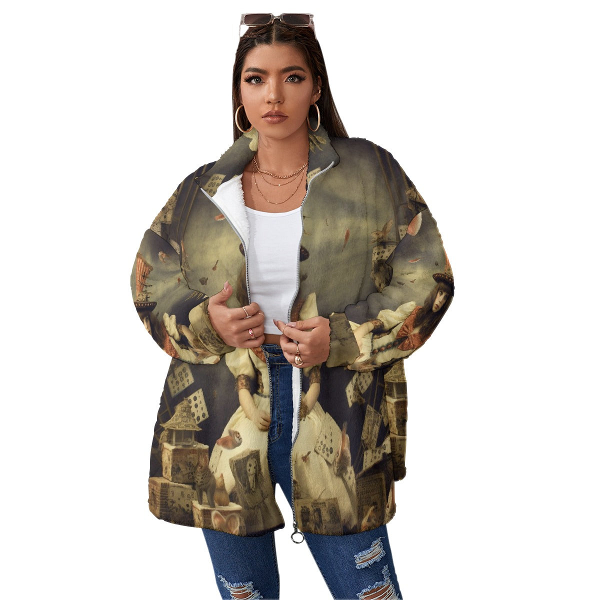 All-Over Print Unisex Borg Fleece Stand-up Collar Coat With Zipper Closure(Plus Size)