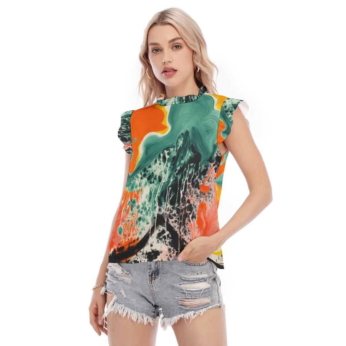 All-Over Print Women's Blouse With Ruffle Collar And Sleeve