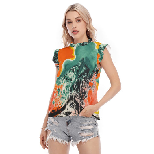 All-Over Print Women's Blouse With Ruffle Collar And Sleeve
