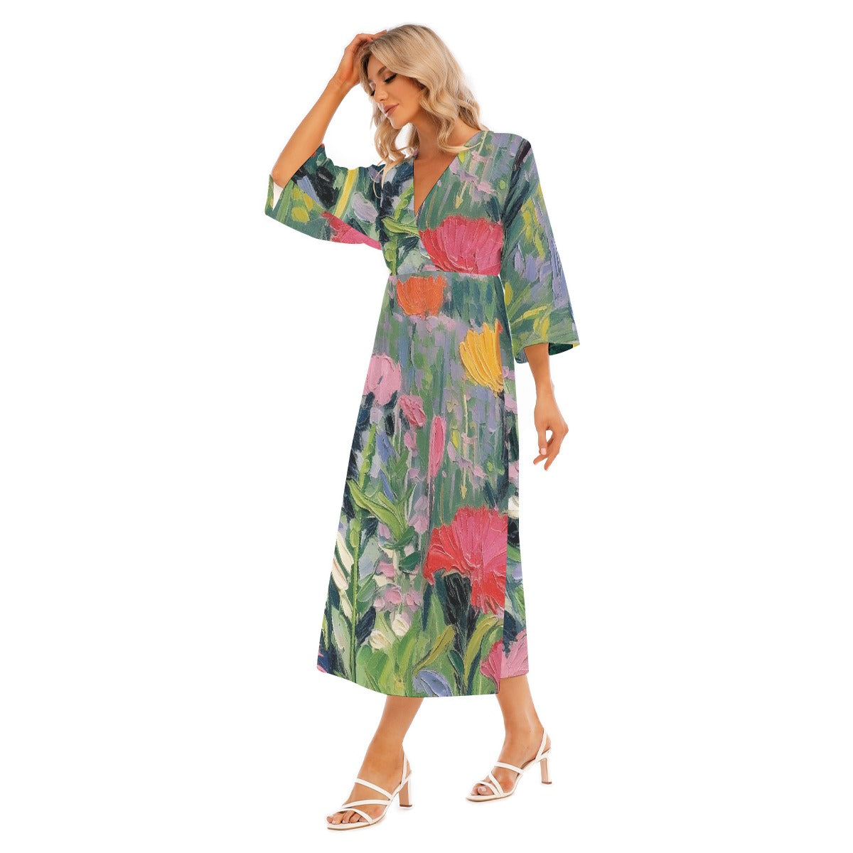All-Over Print Women's Mid-Sleeve Long Dress