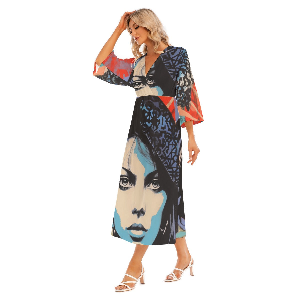 All-Over Print Women's Mid-Sleeve Long Dress