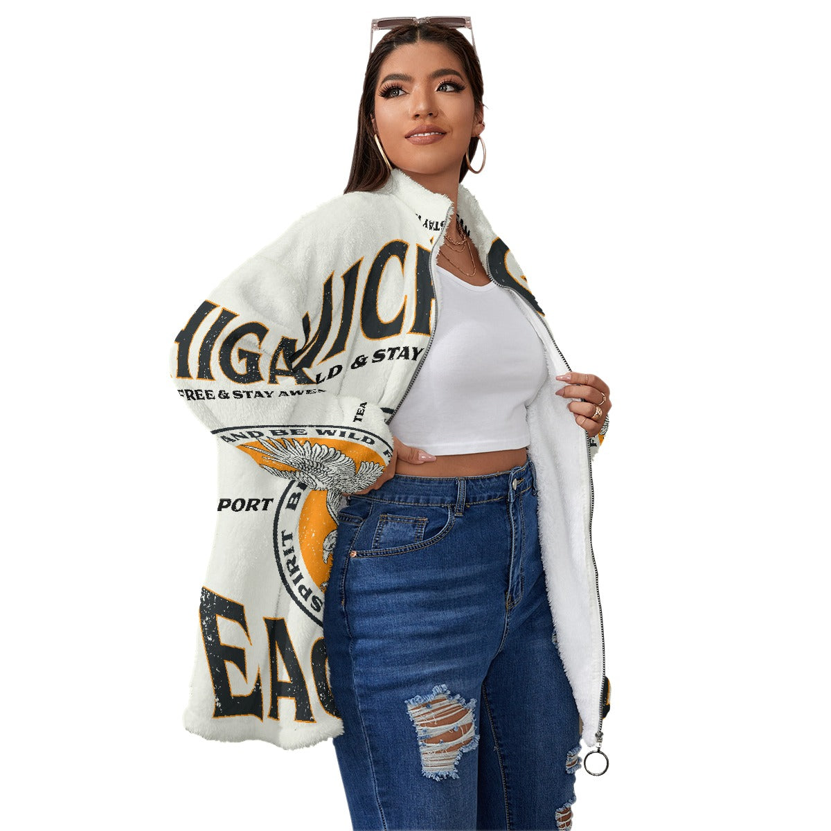 All-Over Print Unisex Borg Fleece Stand-up Collar Coat With Zipper Closure(Plus Size)