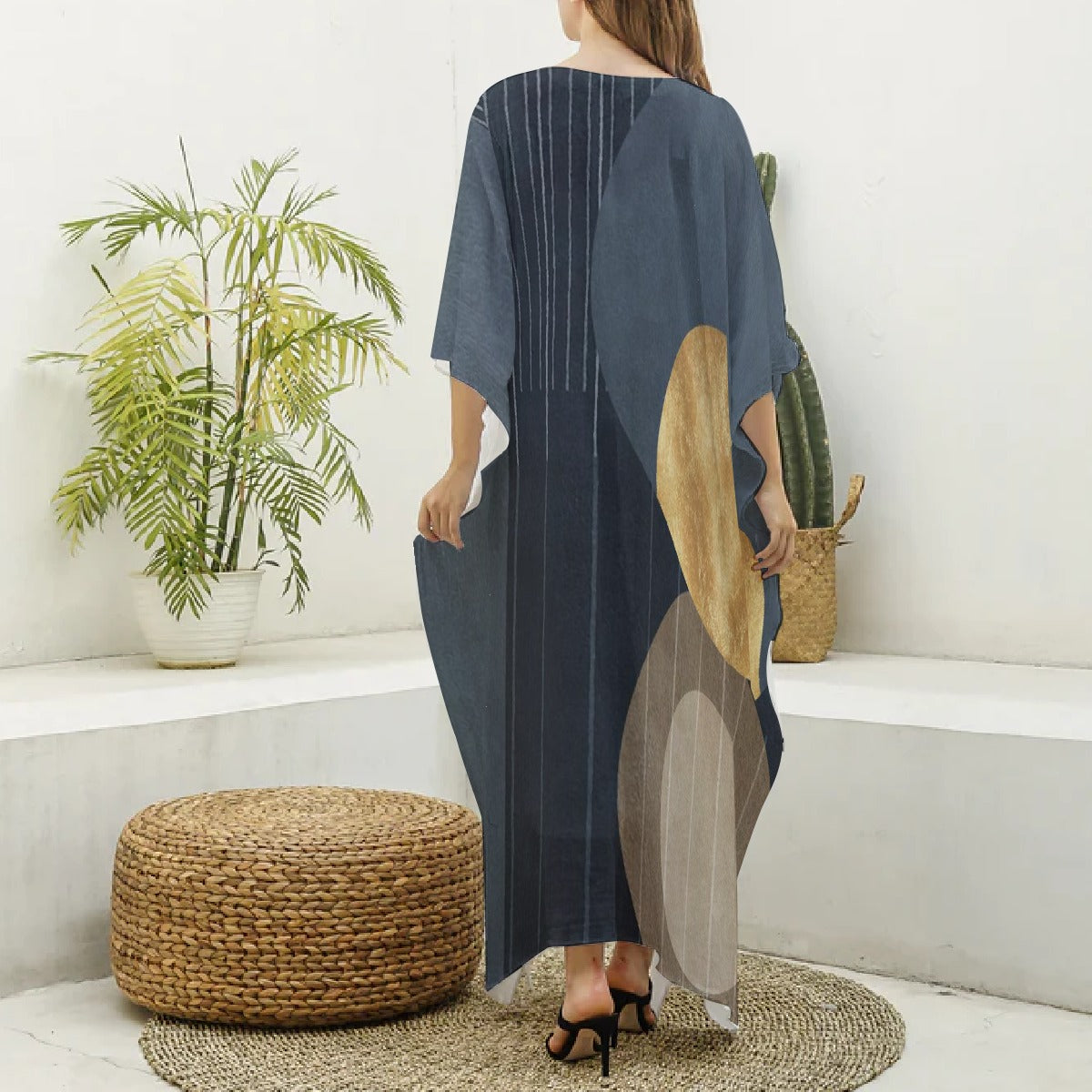 All-Over Print Women's Imitation Silk V-neck Kaftan Robe