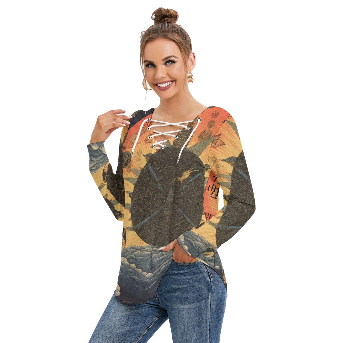 All-Over Print Women's Long Sleeve Neckline Tie Sweatshirt