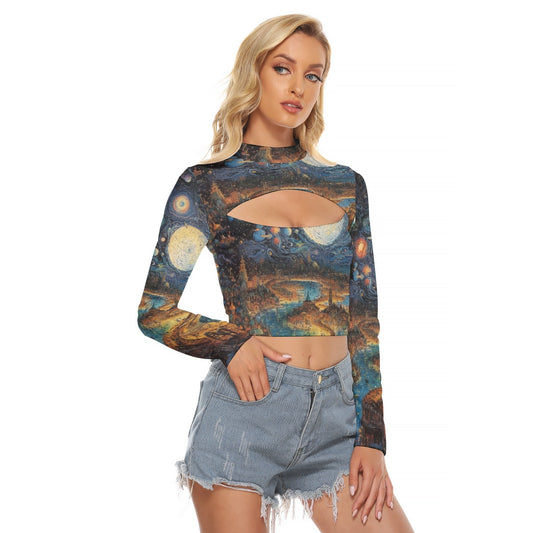 All-Over Print Women's Hollow Chest Keyhole Tight Crop Top
