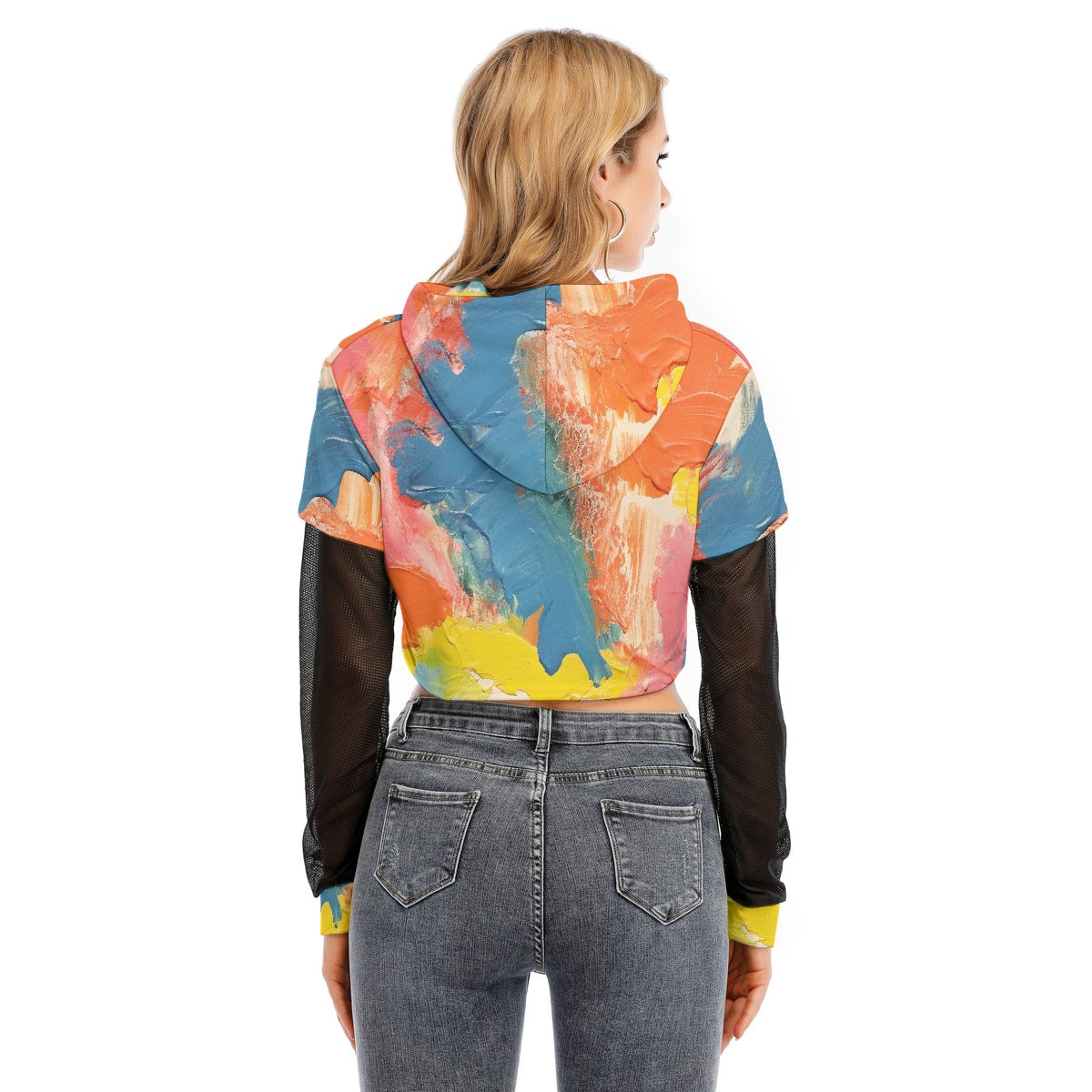All-Over Print Women's Fake Two-piece Mesh Sleeve Cropped Hoodie