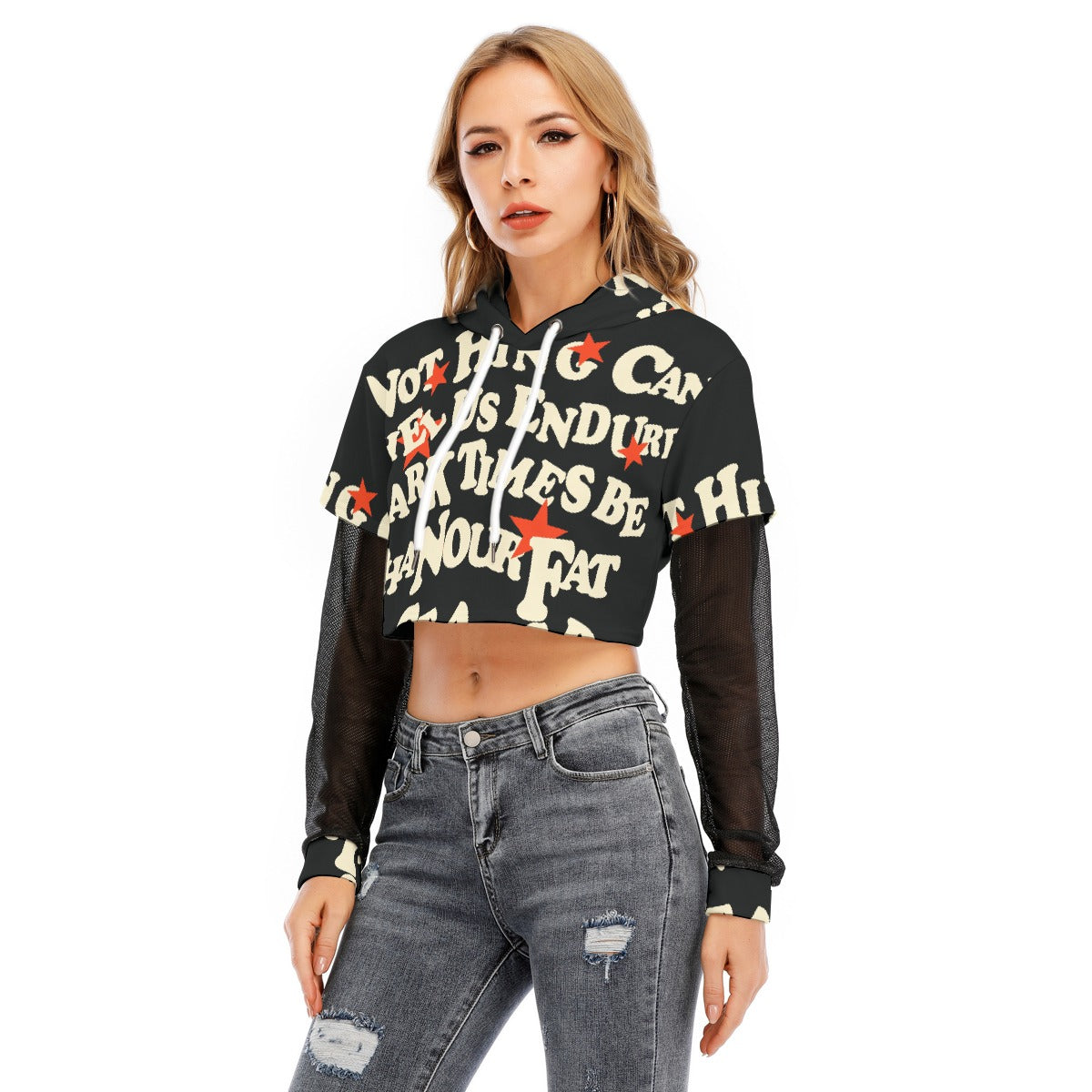 All-Over Print Women's Fake Two-piece Mesh Sleeve Cropped Hoodie