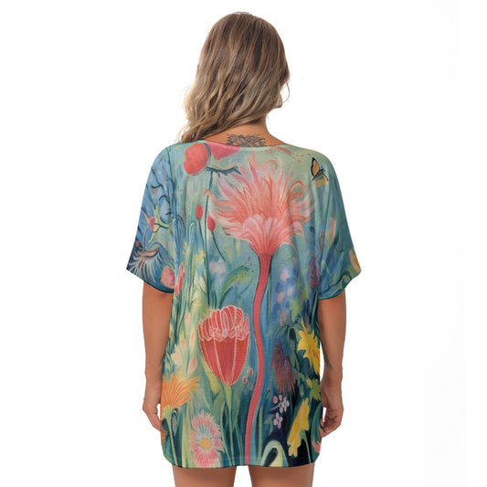 All-Over Print Women's Bat Sleeves V-Neck Blouse