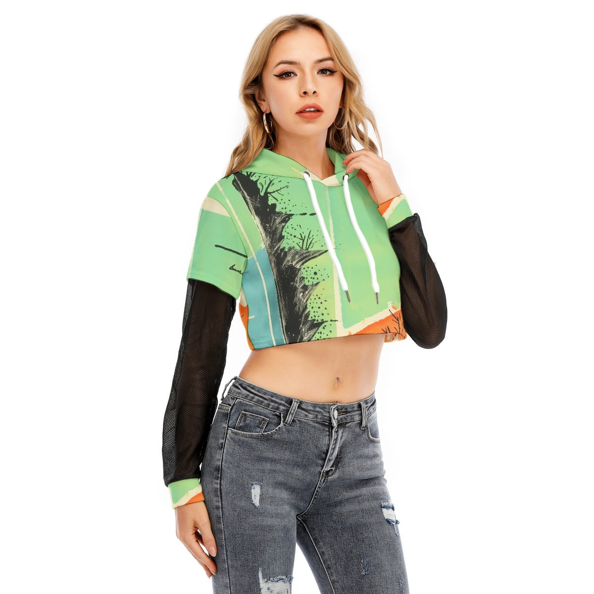 All-Over Print Women's Fake Two-piece Mesh Sleeve Cropped Hoodie