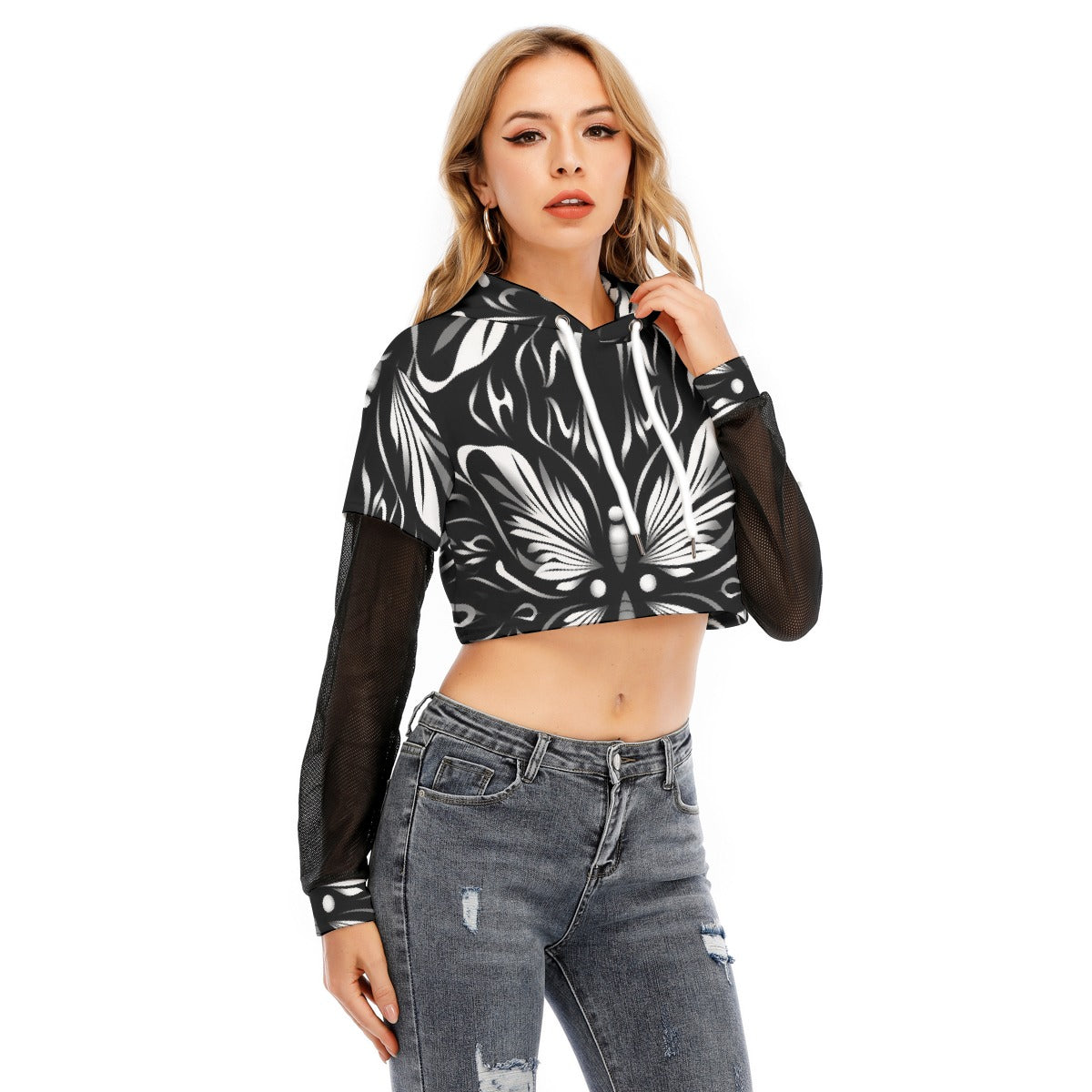 All-Over Print Women's Fake Two-piece Mesh Sleeve Cropped Hoodie