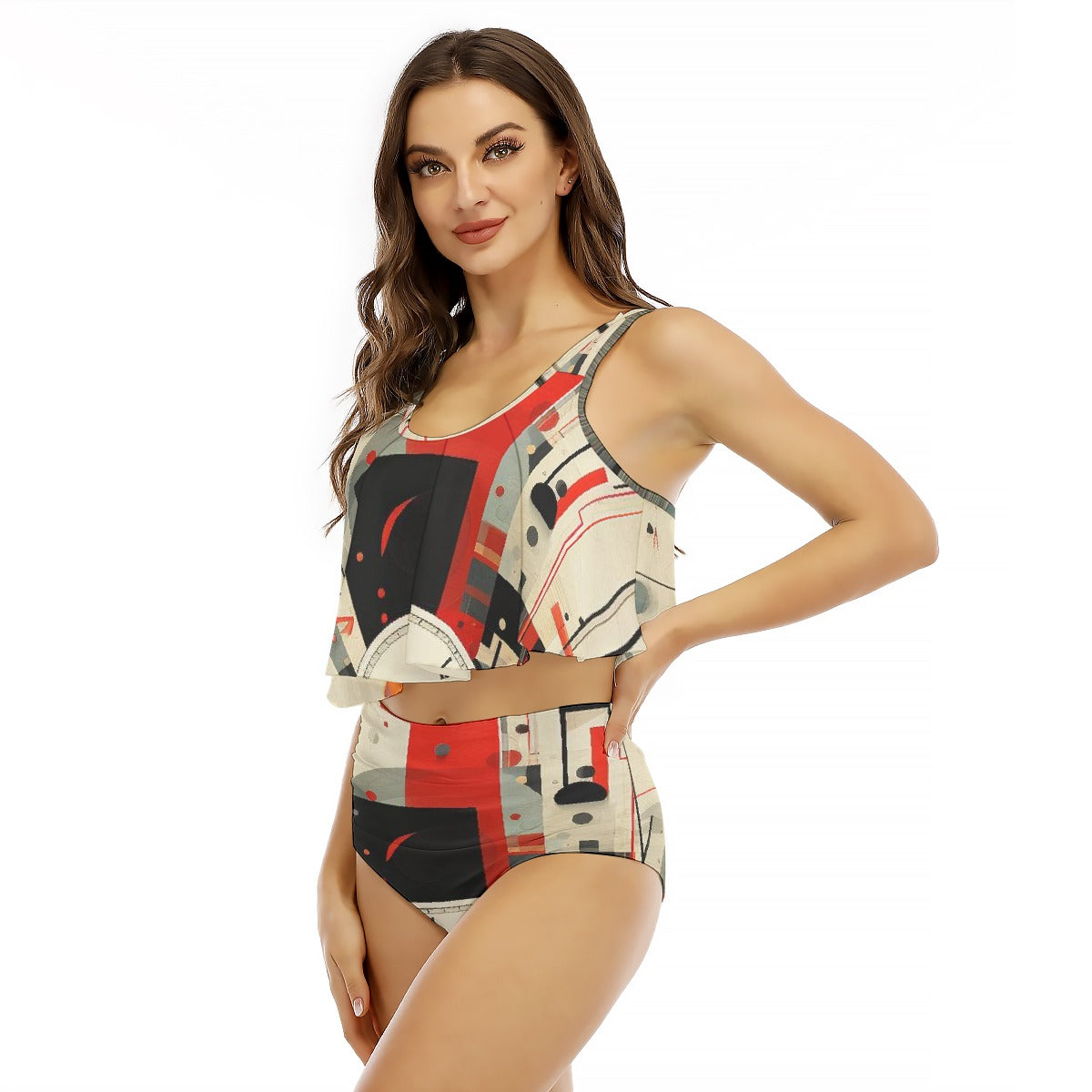 All-Over Print Women's Ruffled Vest Bikini Swimsuit