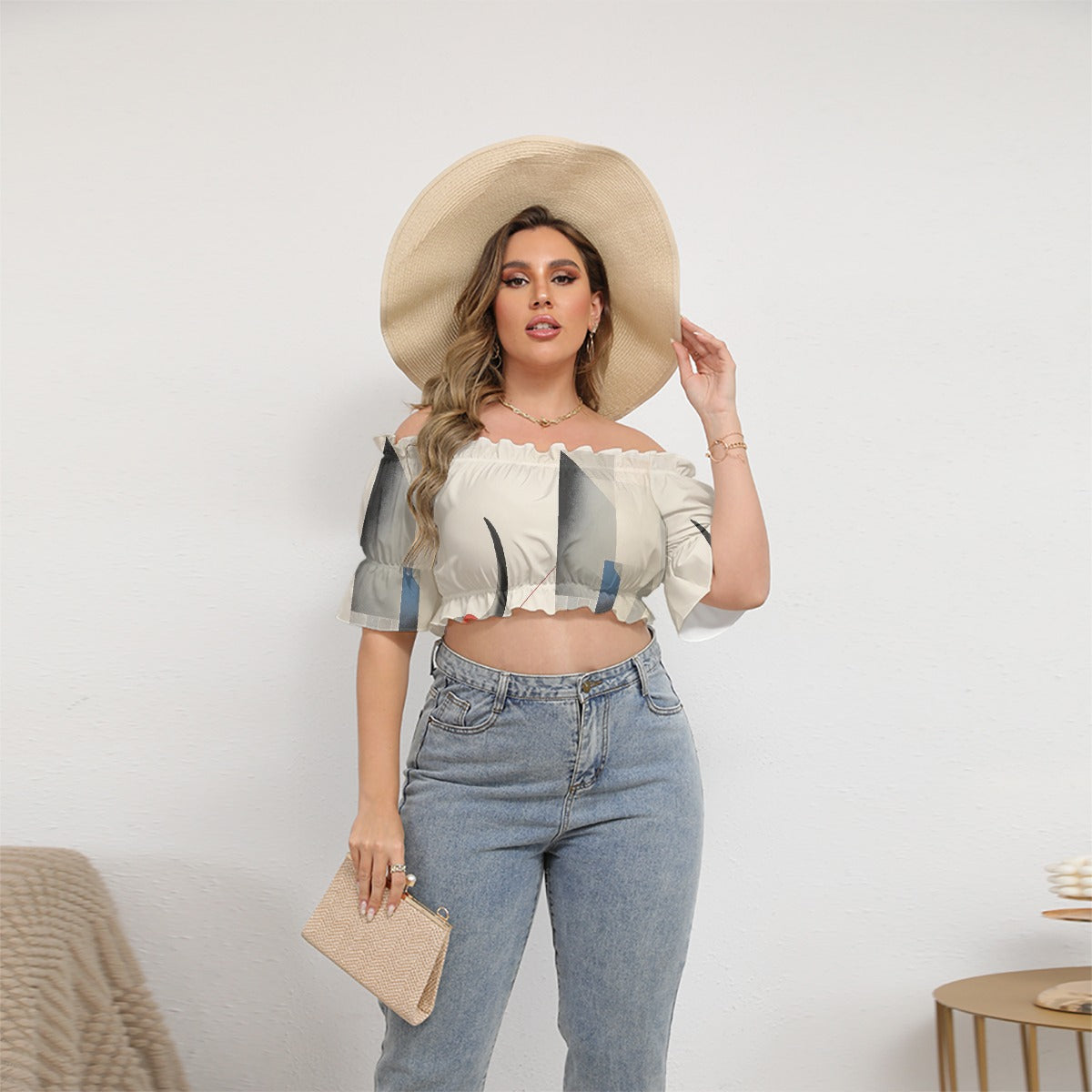 All-Over Print Women's Off-shoulder Cropped Top With Short Puff Sleeve