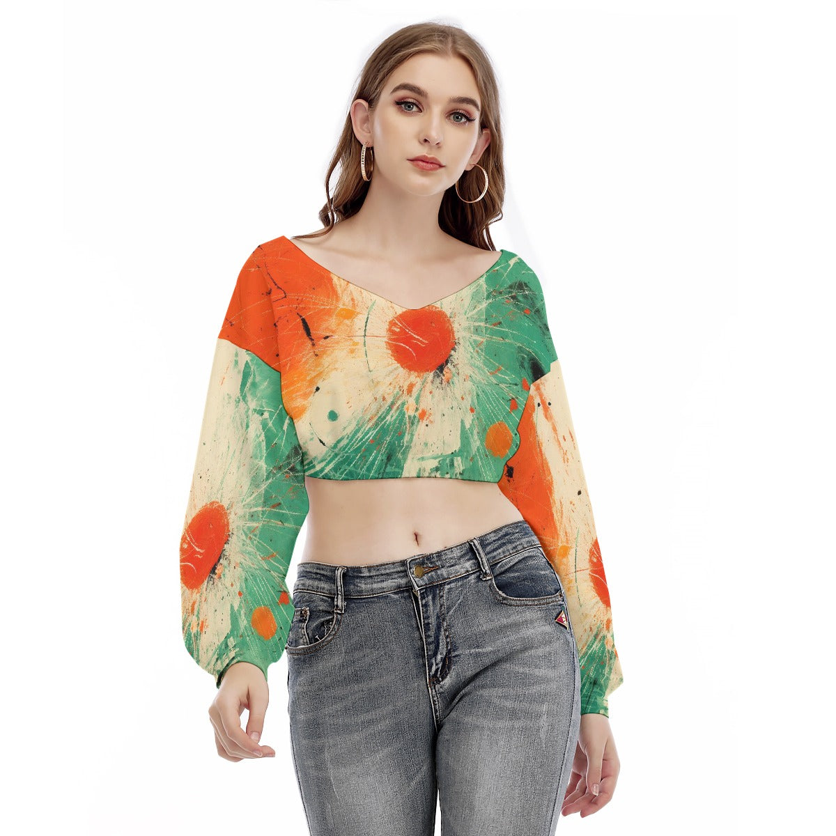 All-Over Print Women's V-neck Long Sleeve Cropped Sweatshirt