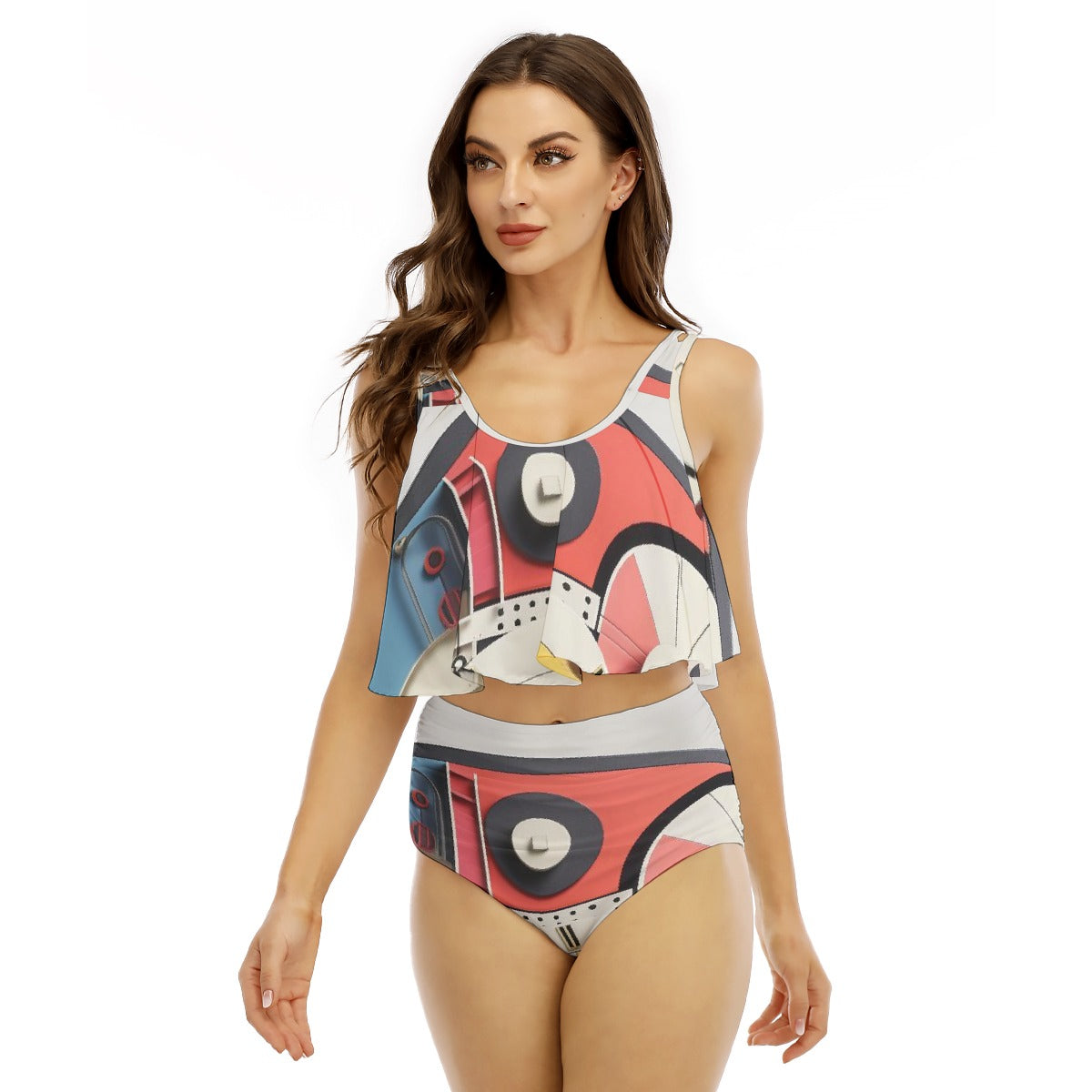 All-Over Print Women's Ruffled Vest Bikini Swimsuit