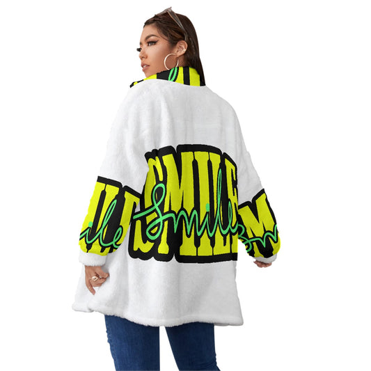 All-Over Print Unisex Borg Fleece Stand-up Collar Coat With Zipper Closure(Plus Size)