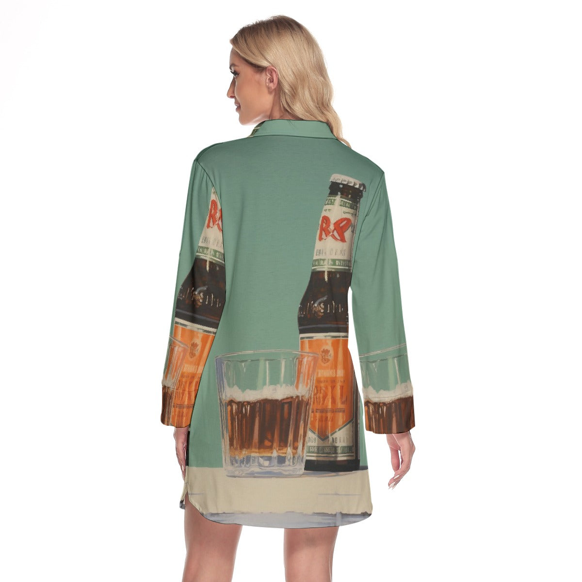 All-Over Print Women's Lapel Shirt Dress With Long Sleeve