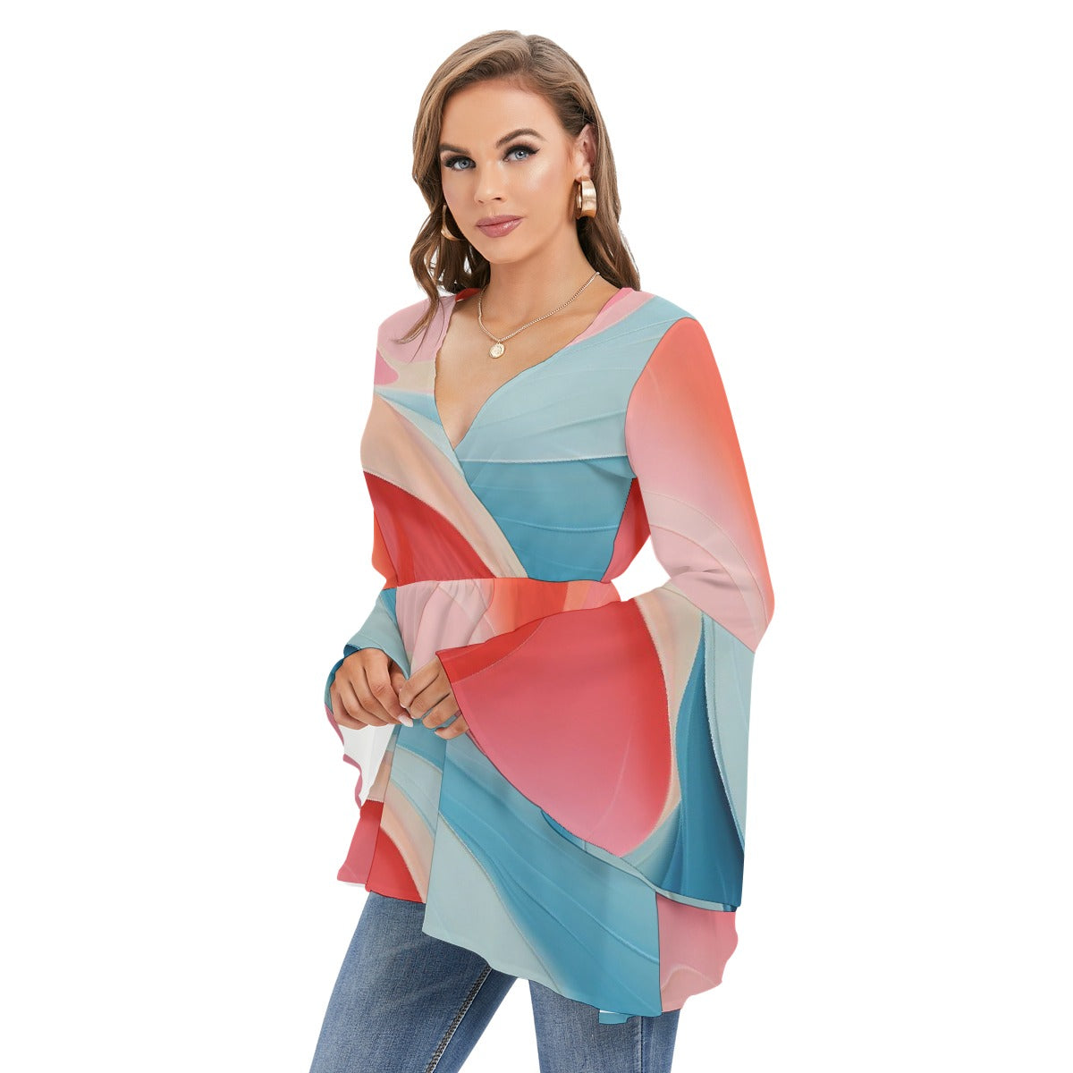 All-Over Print Women's V-neck Blouse With Flared Sleeves
