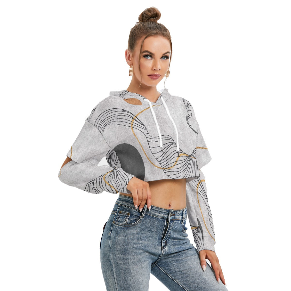 All-Over Print Women's Heavy Fleece Hoodie With Hollow Out Sleeve