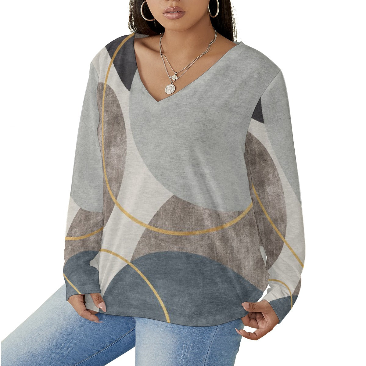 All-Over Print Women's V-neck T-shirt With Curved Hem(Plus Size)