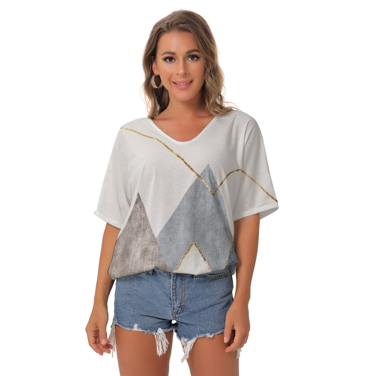 All-Over Print Women's Bat Sleeves V-Neck Blouse