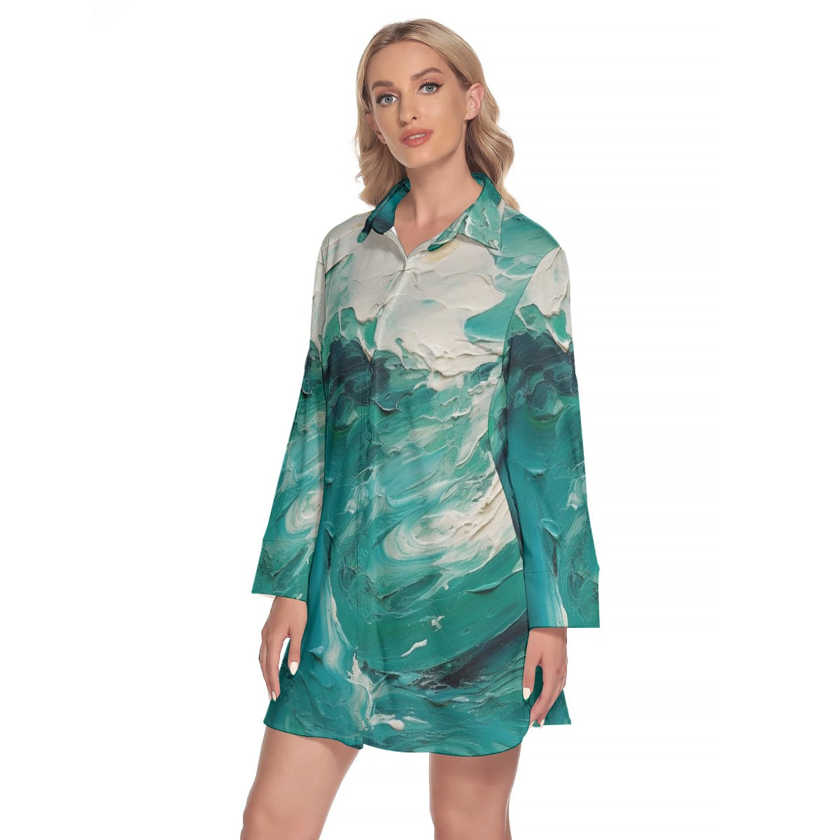 All-Over Print Women's Lapel Shirt Dress With Long Sleeve