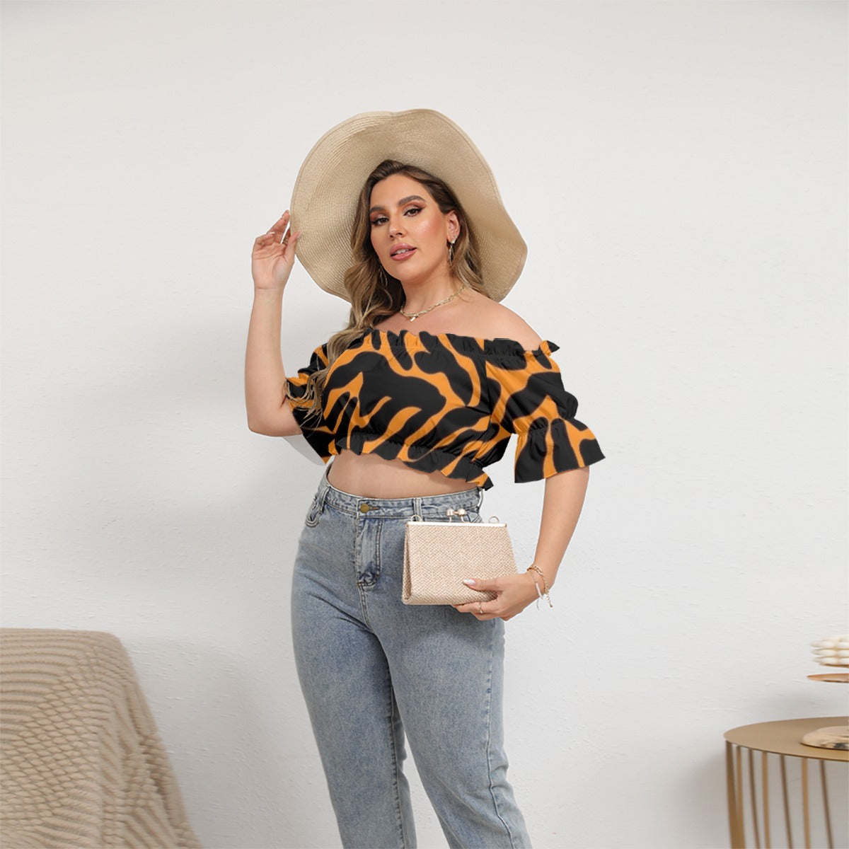 All-Over Print Women's Off-shoulder Cropped Top With Short Puff Sleeve