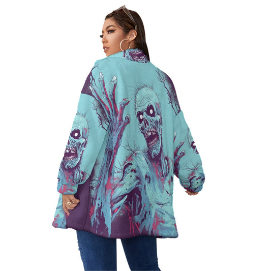 All-Over Print Unisex Borg Fleece Stand-up Collar Coat With Zipper Closure(Plus Size)