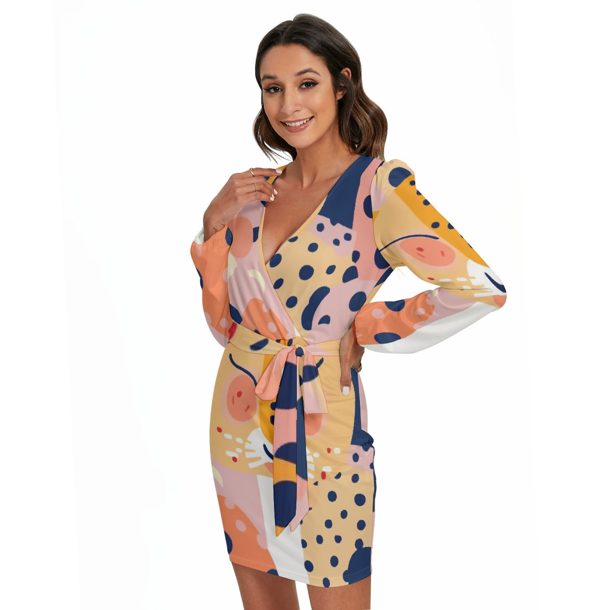 All-Over Print Women's Long Sleeve Dress With Waist Belt