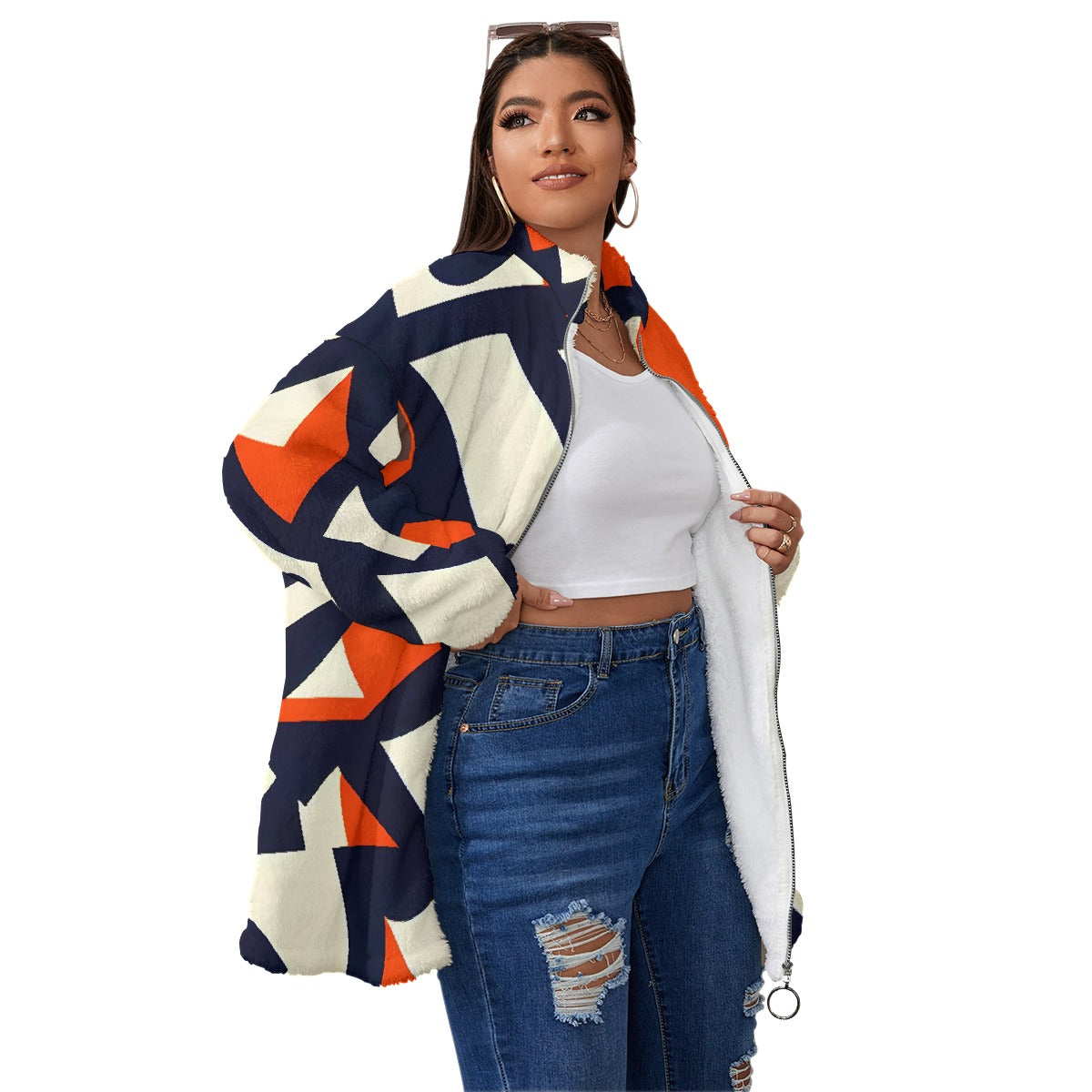 All-Over Print Unisex Borg Fleece Stand-up Collar Coat With Zipper Closure(Plus Size)