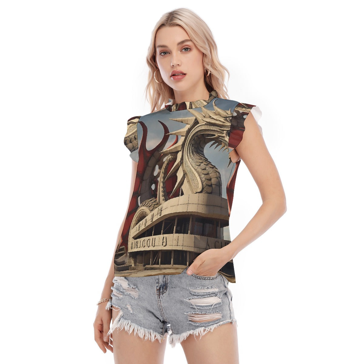 All-Over Print Women's Blouse With Ruffle Collar And Sleeve